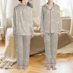 Women's Elegant Champagne Beige White Calligraphic Script Rose Peony Outline Pattern Satin Pajamas Set