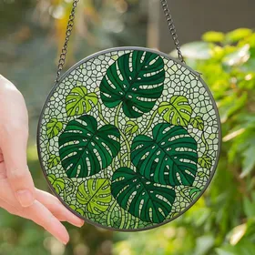 Botanical Art Lovers' Intricate Tiffany Stained Glass Monstera Deliciosa Forest Green Jewel Tones Stained Glass Suncatcher