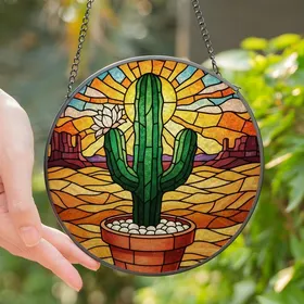 Desert Art Lovers' Stained Glass Saguaro Cactus Mosaic Vivid Green Terracotta Jewel Tone Design Stained Glass Suncatcher
