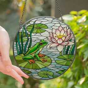 Nature Lovers' Tiffany Stained Glass Red-Eyed Tree Frog, Lotus Lily Pad Mosaic Art Stained Glass Suncatcher