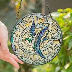 Art Lovers' Tiffany Style Iridescent Swallow Bird Pearlescent White Teal Blue Purple Sky Mosaic Stained Glass Suncatcher