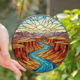 Nature Lover's Tiffany Style Stained Glass Canyon River: Vibrant Blue, Orange, Red Desert Mosaic Stained Glass Suncatcher
