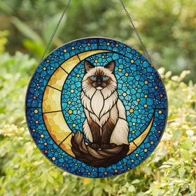 Cat Lovers' Tiffany Style Cream Feline Golden Moon Teal Celestial Stained Glass Art Stained Glass Suncatcher