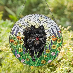 Pomeranian Lovers' Glowing Tiffany Stained Glass Black Pomeranian & Floral Mosaic Stained Glass Suncatcher
