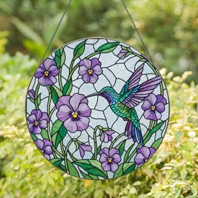 Nature Lovers' Vibrant Tiffany Style Stained Glass Hummingbird Pansy Mosaic Art Stained Glass Suncatcher