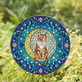 Cat Lovers' Jewel Tone Stained Glass Calico Cat Moon Celestial Star & Floral Mosaic Stained Glass Suncatcher