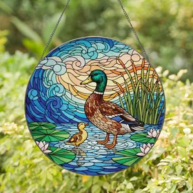 Nature Lovers' Intricate Stained Glass Mallard Duck Duckling Jewel Tones Water Lilies Stained Glass Suncatcher