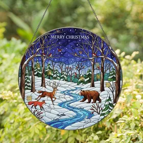 Christmas Art Lovers' Jewel Tone Stained Glass Winter Forest Animals Advent Mosaic Stained Glass Suncatcher