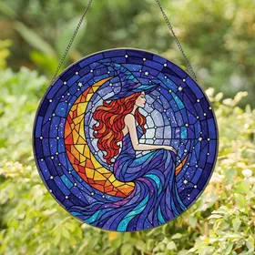Fantasy Art Enthusiasts' Tiffany Stained Glass Witch Moon Cosmic Mosaic Fiery Indigo Teal Stained Glass Suncatcher
