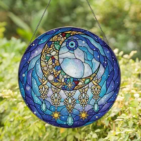 Celestial Dreamers' Tiffany Stained Glass Crescent Moon, Jewel Tone Cosmic Nebula, Evil Eye & Gold Tassels Stained Glass Suncatcher