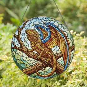 Reptile Lovers' Glowing Stained Glass Bearded Dragon, Tiffany Style Amber Blue Wings, Intricate Golden Yellow Brown Branch Mosaic Stained Glass Suncatcher