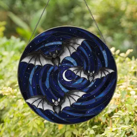 Fantasy Art Lovers' Tiffany Style Black Grey White Bats Celestial Night Sky Mosaic Stained Glass Suncatcher