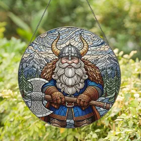 Fantasy Art Enthusiasts' Translucent Stained Glass Viking Dwarf Axe Nordic Landscape Jewel Tones Stained Glass Suncatcher