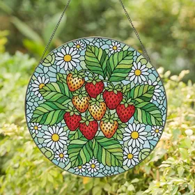 Art Lovers' Jewel Tone Tiffany Stained Glass Strawberry Daisy Floral Mosaic Design Stained Glass Suncatcher