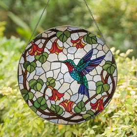 Nature Lovers' Vibrant Tiffany Stained Glass Hummingbird Floral Jewel Tone Mosaic Stained Glass Suncatcher