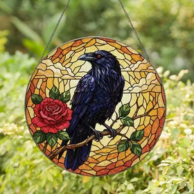 Gothic Style Aficionados: Stained Glass Raven & Red Rose, Thorny Branch, Jewel Tone Mosaic Art Stained Glass Suncatcher