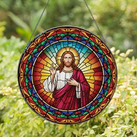 Spiritual Art Enthusiasts' Tiffany Style Jesus Christ Blessing Radiant Mosaic Golden Halo Amber Blue Stained Glass Suncatcher