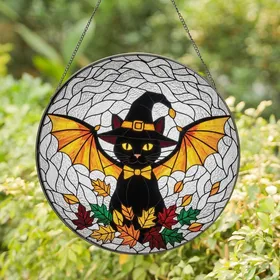 Witchy Cat Lovers' Tiffany Style Stained Glass Black Cat Bat Wings Autumn Jewel Tones Stained Glass Suncatcher