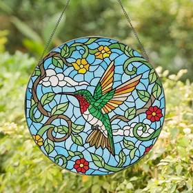 Nature Lovers' Tiffany Stained Glass Ruby Hummingbird Emerald Red Orange Floral Sky Art Stained Glass Suncatcher