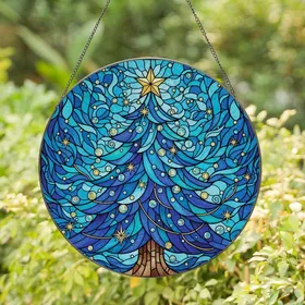 Christmas Lovers' Jewel-Toned Tiffany Stained Glass Blue Teal Golden Christmas Tree Art Stained Glass Suncatcher