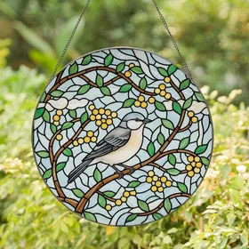 Nature Lovers' Tiffany Stained Glass Songbird Branches Leaves Berries Mosaic Blue Green Amber Yellow Stained Glass Suncatcher