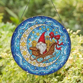 Christmas Enthusiasts' Vibrant Tiffany Stained Glass Gnome Sleigh Golden Stars Celestial Mosaic Stained Glass Suncatcher