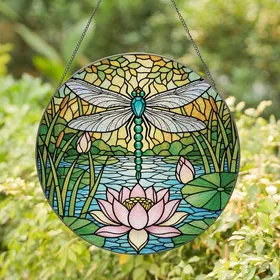 Nature Art Enthusiasts' Tiffany Style Stained Glass Dragonfly Lotus Emerald Teal Pink Mosaic Stained Glass Suncatcher