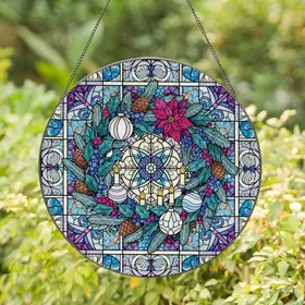 Christmas Enthusiast's Intricate Tiffany Stained Glass Wreath Holly Poinsettia Jewel Tones Stained Glass Suncatcher