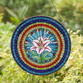 Art Lovers' Vibrant Stained Glass White Lily Jewel Tone Mosaic Art Nouveau Pattern Stained Glass Suncatcher