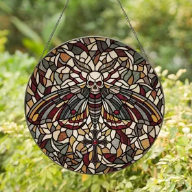Gothic Style Lovers' Stained Glass Death's-Head Moth Skull Cross Jewel Tone Mosaic Art Stained Glass Suncatcher
