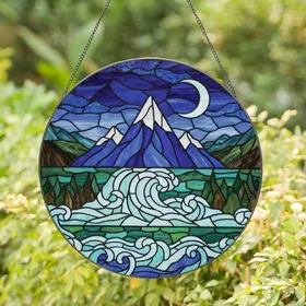 Nature Enthusiast's Intricate Tiffany Stained Glass Mountainscape Crescent Moon Deep Blue Aqua Mosaic Stained Glass Suncatcher