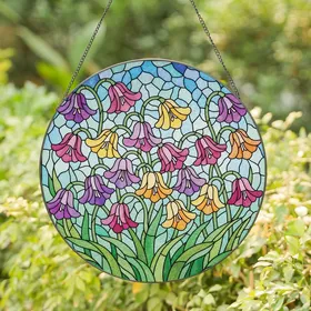 Art Lovers' Luminous Stained Glass Floral Mosaic with Jewel Tone Bellflowers & Abstract Swirls Stained Glass Suncatcher