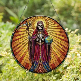 Fantasy Art Lovers' Stained Glass Skeletal Guardian Earth Globe Vibrant Floral Mosaic Stained Glass Suncatcher