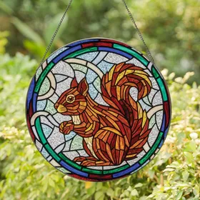 Nature Lovers' Edge-to-Edge Tiffany Stained Glass Squirrel Jewel Tones Geometric Mosaic Art Stained Glass Suncatcher