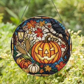 Halloween & Autumn Lovers' Tiffany Stained Glass Jack-O'-Lantern Crow Fall Harvest Art Stained Glass Suncatcher
