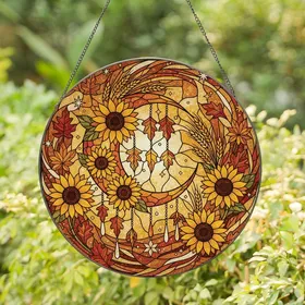 Art Enthusiasts' Tiffany Style Stained Glass Crescent Moon Sunflowers Amber Orange Jewel Tones Stained Glass Suncatcher