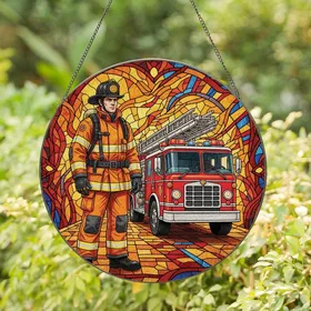 Firefighter Supporters' Vibrant Tiffany Style Firefighter & Engine Stained Glass Stained Glass Suncatcher
