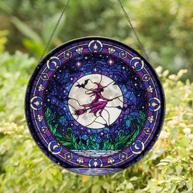 Fantasy Art Lovers' Intricate Tiffany Stained Glass Mystic Figure Full Moon Bats Deep Purple Indigo Celestial Mosaic Stained Glass Suncatcher