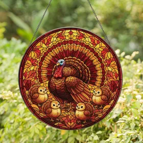 Autumn Lovers' Tiffany Stained Glass Majestic Turkey & Chibi Chicks Mosaic Art in Jewel Tones Stained Glass Suncatcher