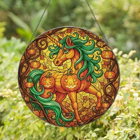 Fantasy Art Lovers' Intricate Tiffany Glass Pumpkin Unicorn Emerald Orange Jack-o'-Lantern Autumnal Mosaic Stained Glass Suncatcher