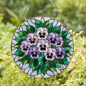 Nature Lovers' Intricate Tiffany Stained Glass Purple Pansy Green Leaf Jewel Tone Mosaic Stained Glass Suncatcher