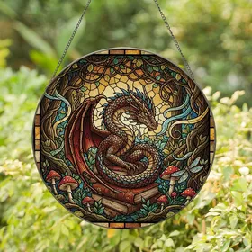 Fantasy Lovers' Intricate Tiffany Stained Glass Winged Dragon Book Forest Glade Mosaic Jewel Tones Stained Glass Suncatcher