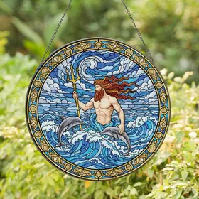 Mythology & Ocean Enthusiasts' Tiffany Stained Glass Sea God, Golden Trident, Dolphins, Vibrant Blue Waves Stained Glass Suncatcher