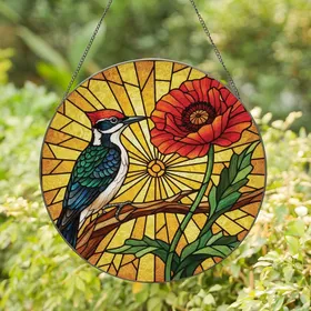Nature Art Lovers' Vibrant Tiffany Style Stained Glass Red Woodpecker Poppy Amber Sunburst Mosaic Stained Glass Suncatcher