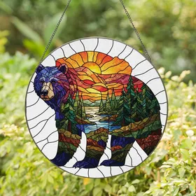 Nature Lovers' Tiffany Stained Glass Bear Silhouette Blue Purple Orange Sunset Lake Art Stained Glass Suncatcher