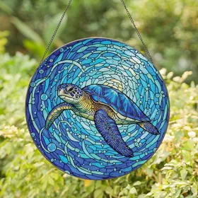 Ocean Lovers' Vibrant Tiffany Stained Glass Sea Turtle Mosaic Sapphire Blue Turquoise Art Stained Glass Suncatcher