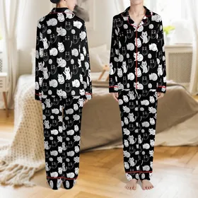 Cat Lovers' Cute Stylized Black White Grey Pastel Pink All-Over Cartoon Cat Pattern Satin Pajamas Set