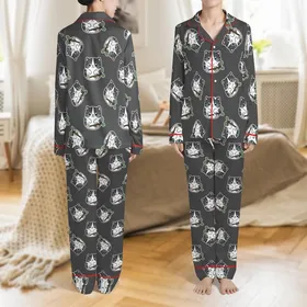 Cat Lovers' Whimsical Black White Grey Tabby Kitten Pattern with Sky Blue Eyes Holding Green Leaf Branch on Charcoal Satin Pajamas Set