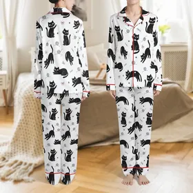 Cat Lovers' Whimsical Black Cats White Background Cartoon Design with Pink Accents, Yarn Balls & Paw Prints Satin Pajamas Set