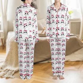 Whimsical Cat Lovers' Hand-Drawn Cute Feline Faces Hot Pink Polka Dot Bows White Pattern Satin Pajamas Set